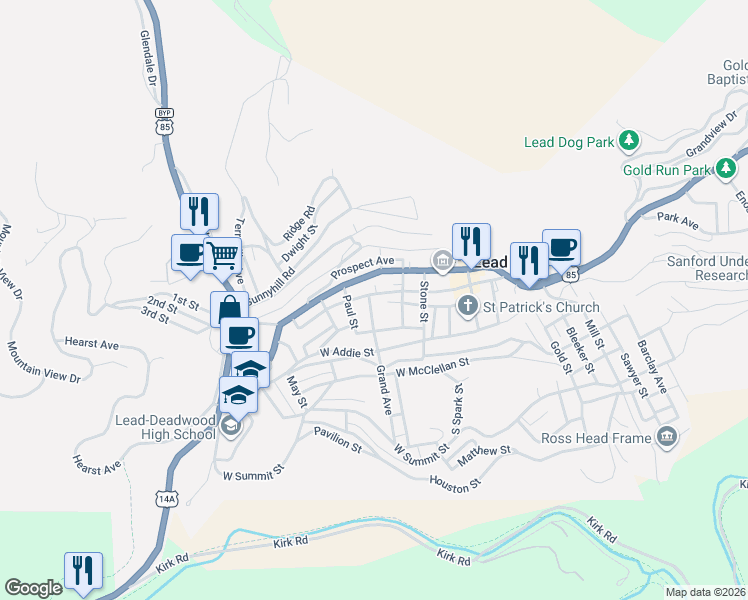 map of restaurants, bars, coffee shops, grocery stores, and more near 128-130 Grand Avenue in Lead