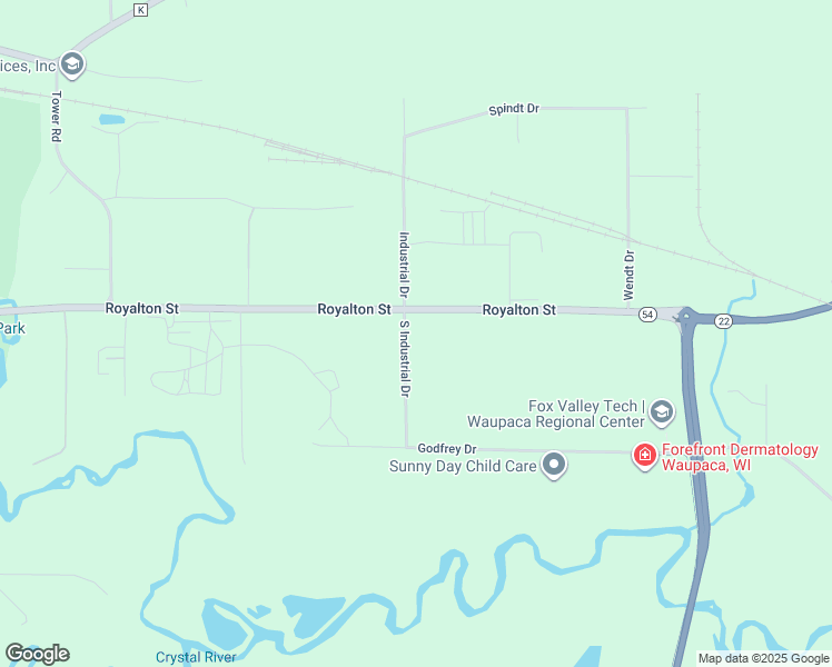 map of restaurants, bars, coffee shops, grocery stores, and more near 777 Industrial Drive in Waupaca