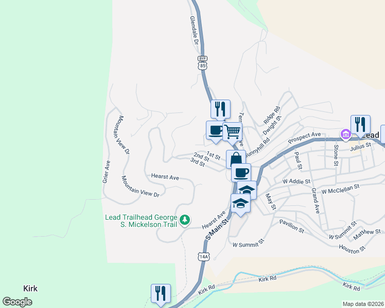 map of restaurants, bars, coffee shops, grocery stores, and more near 61 1st Street in Lead