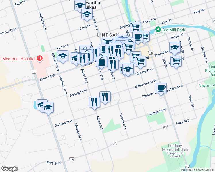 map of restaurants, bars, coffee shops, grocery stores, and more near 45 Sussex Street South in Kawartha Lakes