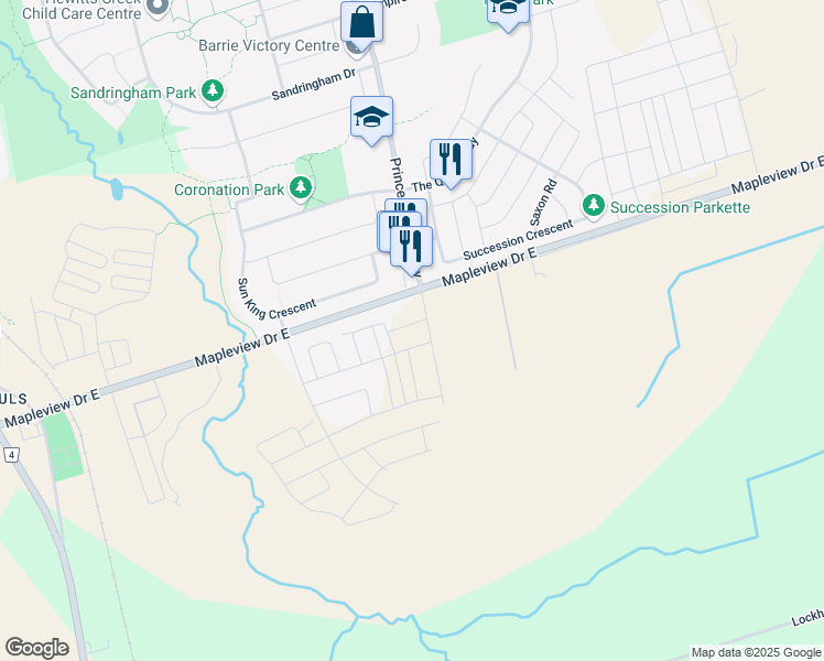 map of restaurants, bars, coffee shops, grocery stores, and more near 843 Mapleview Drive East in Barrie