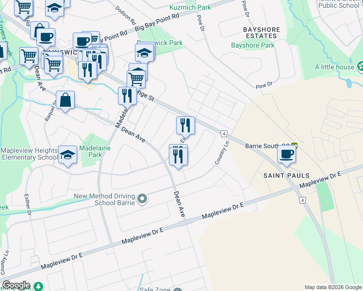 map of restaurants, bars, coffee shops, grocery stores, and more near in Barrie