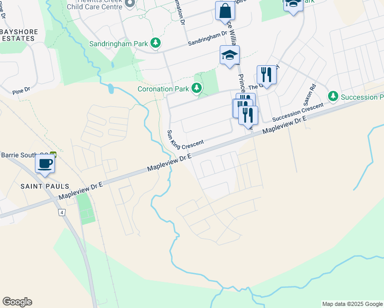 map of restaurants, bars, coffee shops, grocery stores, and more near 2045 Mapleview Drive East in Barrie