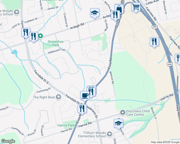 map of restaurants, bars, coffee shops, grocery stores, and more near 23 Meadow Lane in Barrie