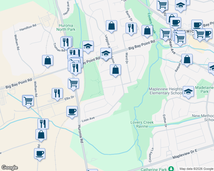 map of restaurants, bars, coffee shops, grocery stores, and more near 129 Chalmers Drive in Barrie