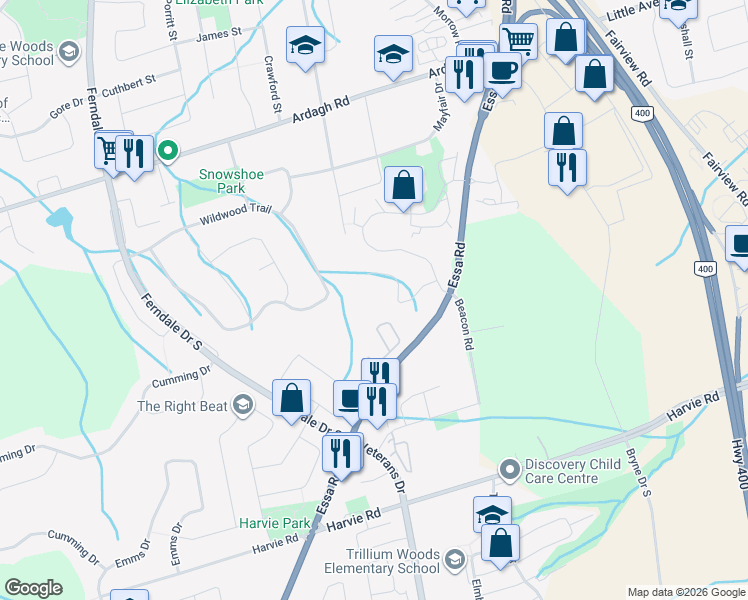 map of restaurants, bars, coffee shops, grocery stores, and more near 23 Meadow Lane in Barrie