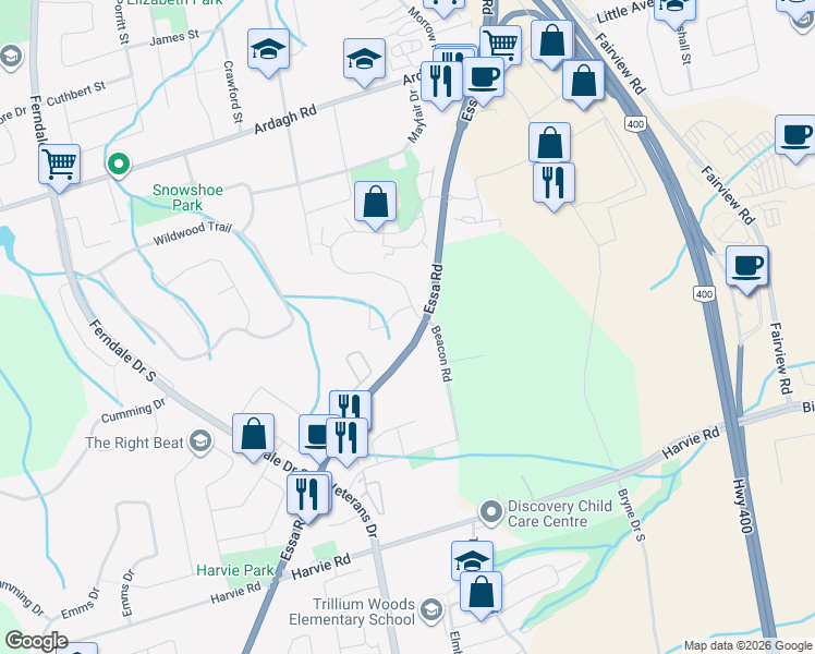 map of restaurants, bars, coffee shops, grocery stores, and more near 11 Meadow Lane in Barrie