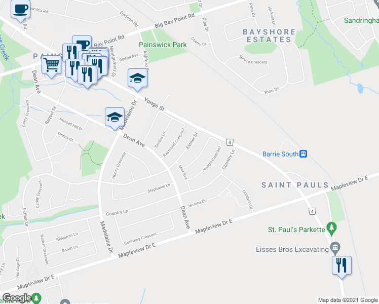 map of restaurants, bars, coffee shops, grocery stores, and more near 27 Esther Drive in Barrie