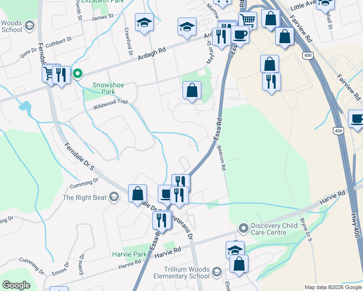 map of restaurants, bars, coffee shops, grocery stores, and more near 21 Meadow Lane in Barrie