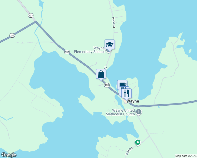 map of restaurants, bars, coffee shops, grocery stores, and more near 18 Maine 133 in Wayne