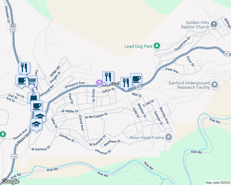 map of restaurants, bars, coffee shops, grocery stores, and more near in Lead