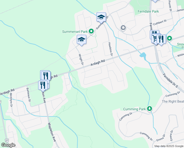 map of restaurants, bars, coffee shops, grocery stores, and more near 36 Kelsey Crescent in Barrie