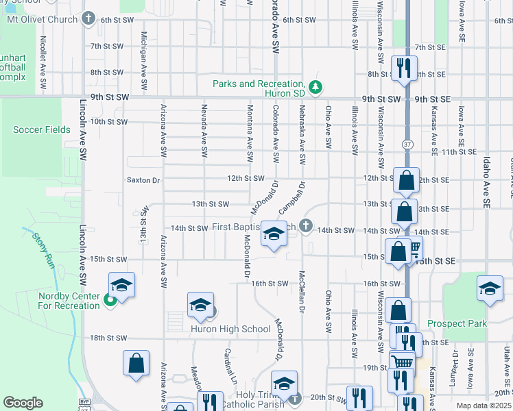 map of restaurants, bars, coffee shops, grocery stores, and more near 1305 McDonald Drive in Huron