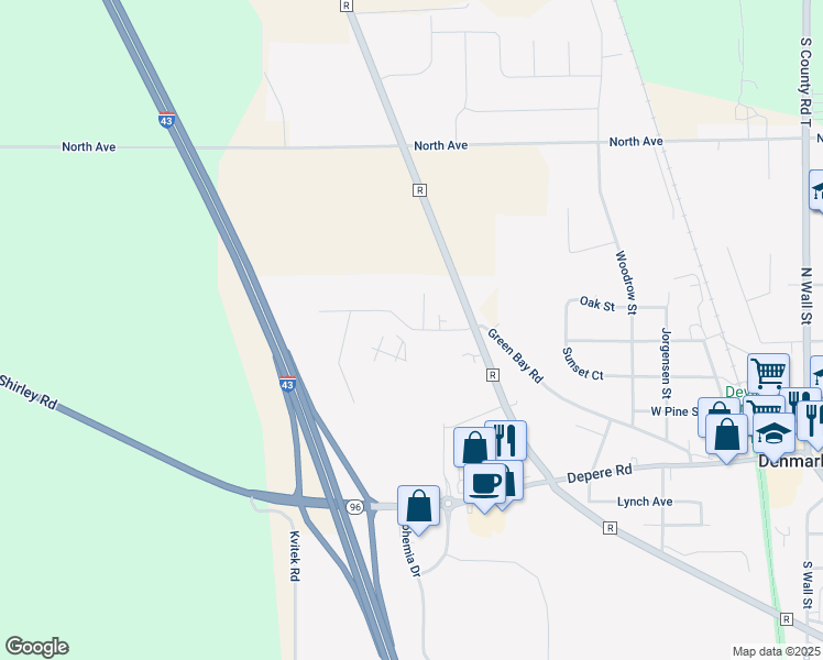 map of restaurants, bars, coffee shops, grocery stores, and more near 725 County Road R in Denmark