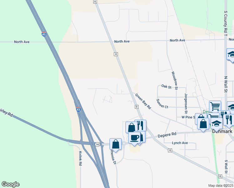 map of restaurants, bars, coffee shops, grocery stores, and more near 700 Green Bay Road in Denmark