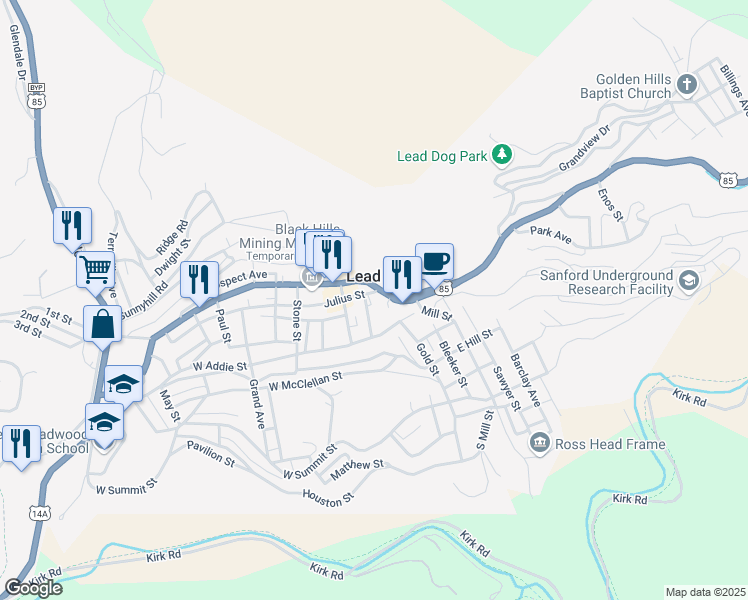 map of restaurants, bars, coffee shops, grocery stores, and more near 102 Wall Street in Lead