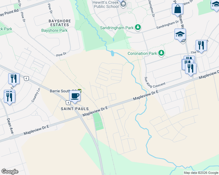 map of restaurants, bars, coffee shops, grocery stores, and more near 796-1506 Mapleview Drive East in Barrie