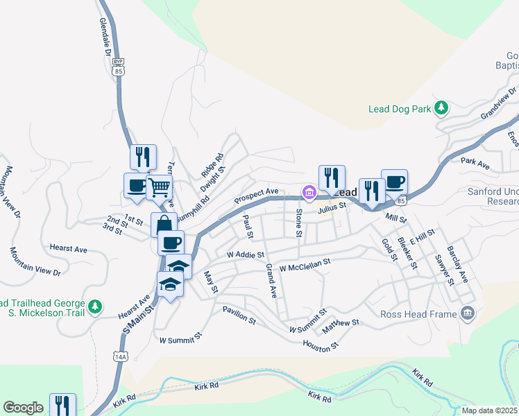 map of restaurants, bars, coffee shops, grocery stores, and more near 602 CanAm Highway in Lead