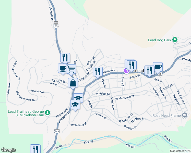 map of restaurants, bars, coffee shops, grocery stores, and more near 738 Railroad Avenue in Lead