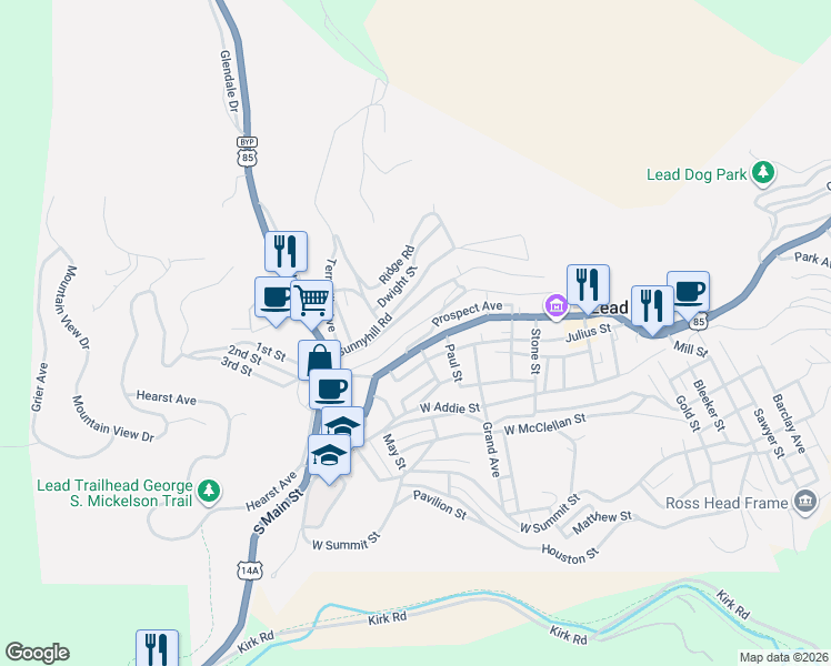 map of restaurants, bars, coffee shops, grocery stores, and more near 738 Railroad Avenue in Lead