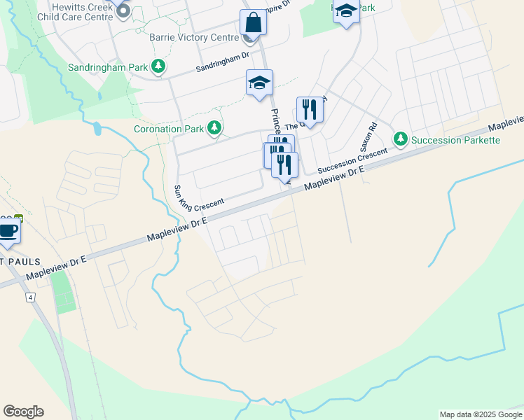 map of restaurants, bars, coffee shops, grocery stores, and more near 1921 Mapleview Drive in Barrie