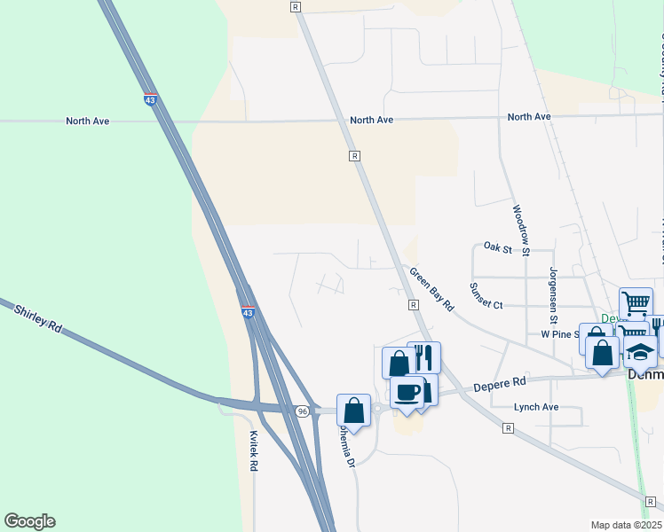 map of restaurants, bars, coffee shops, grocery stores, and more near 700-798 Green Bay Road in Denmark