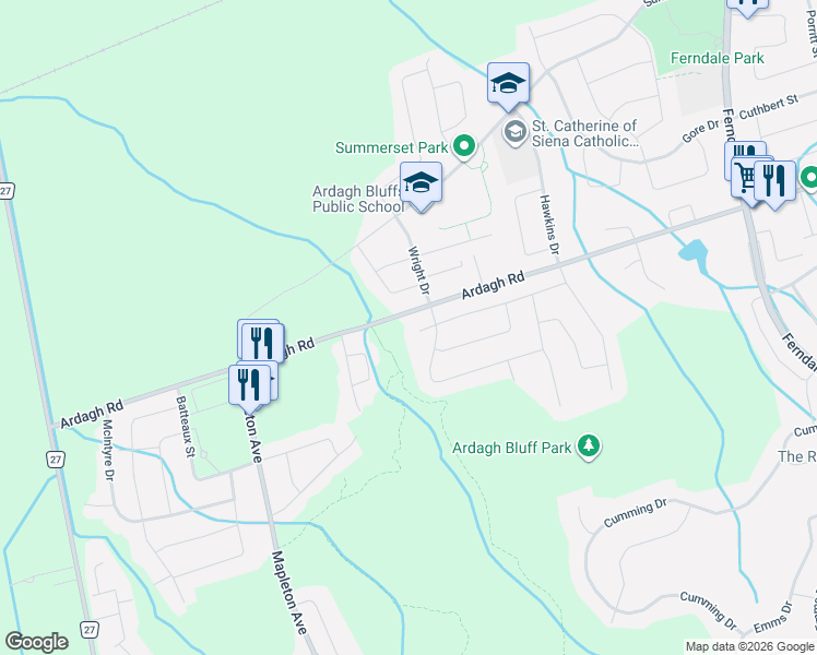 map of restaurants, bars, coffee shops, grocery stores, and more near 11 Berry Court in Barrie