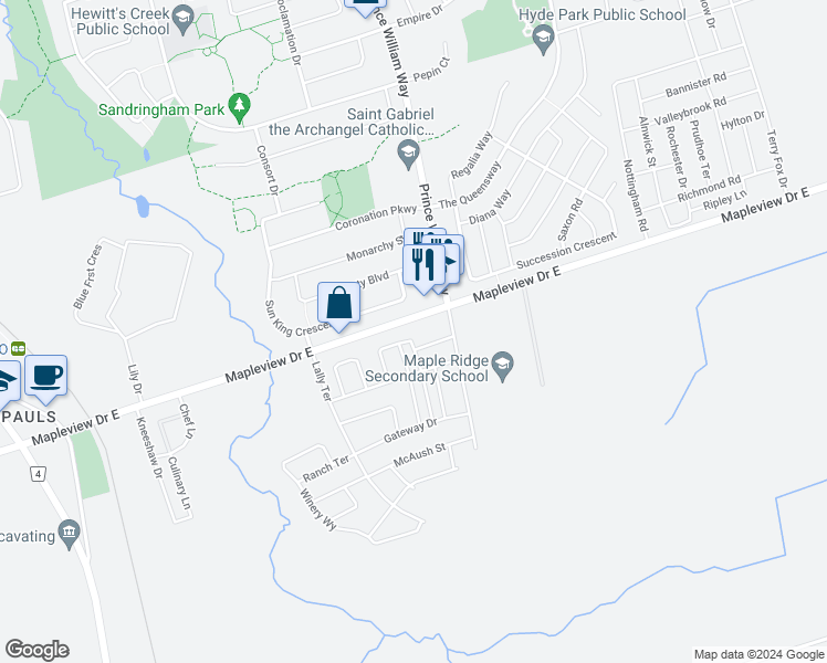 map of restaurants, bars, coffee shops, grocery stores, and more near 843 Mapleview Drive East in Barrie