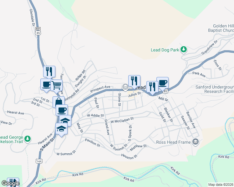 map of restaurants, bars, coffee shops, grocery stores, and more near 420 West Main Street in Lead