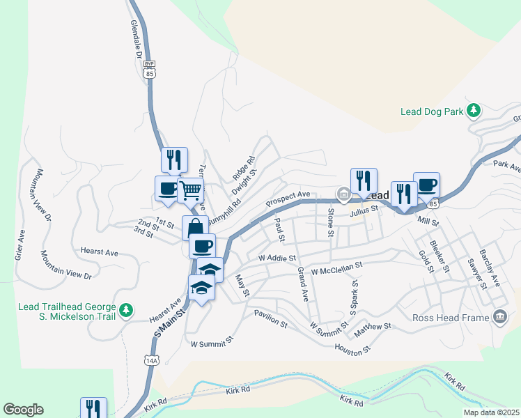 map of restaurants, bars, coffee shops, grocery stores, and more near 738 Railroad Avenue in Lead