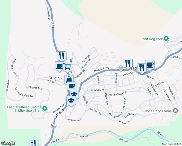 map of restaurants, bars, coffee shops, grocery stores, and more near 738 Railroad Avenue in Lead