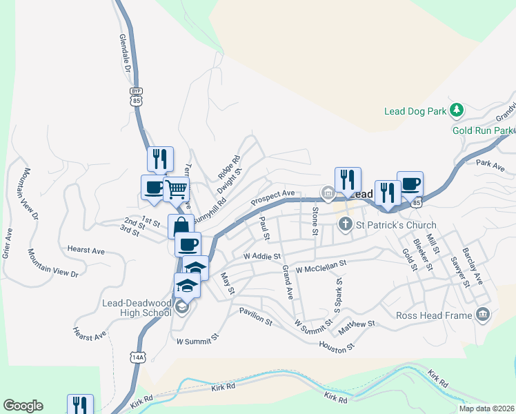 map of restaurants, bars, coffee shops, grocery stores, and more near 634 Railroad Avenue in Lead