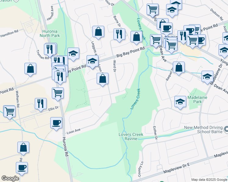 map of restaurants, bars, coffee shops, grocery stores, and more near 91 Chalmers Drive in Barrie