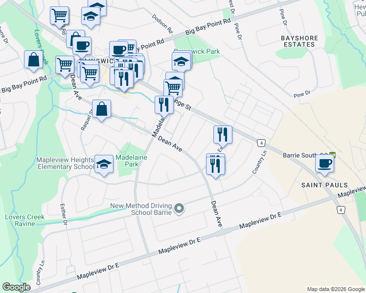 map of restaurants, bars, coffee shops, grocery stores, and more near 132 Dean Avenue in Barrie