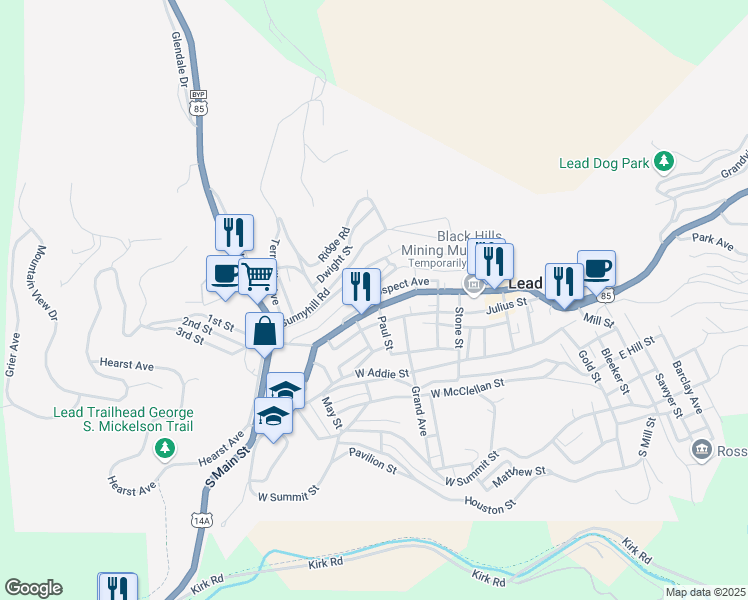 map of restaurants, bars, coffee shops, grocery stores, and more near 634 Railroad Avenue in Lead