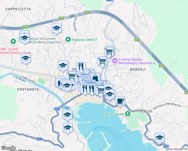 map of restaurants, bars, coffee shops, grocery stores, and more near 2B Via Sant'Antonio Gianelli in Rapallo