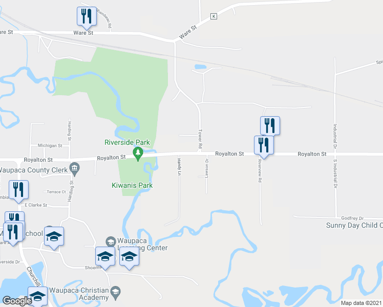 map of restaurants, bars, coffee shops, grocery stores, and more near Royalton Street in Waupaca