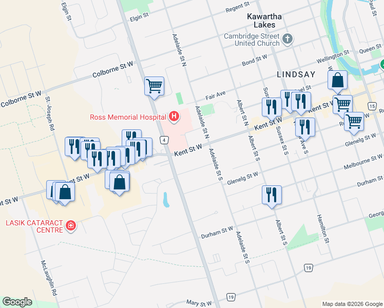 map of restaurants, bars, coffee shops, grocery stores, and more near 279 Kent Street West in Kawartha Lakes