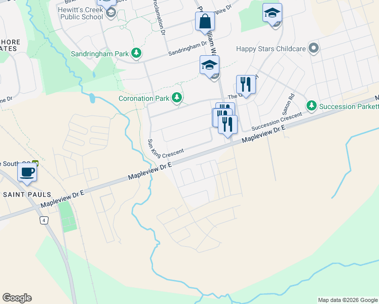 map of restaurants, bars, coffee shops, grocery stores, and more near 100 Sun King Crescent in Barrie