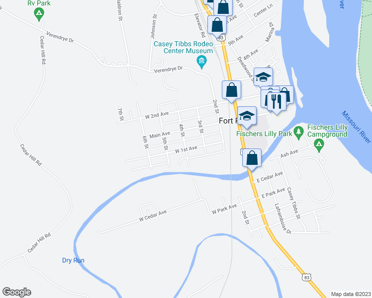 map of restaurants, bars, coffee shops, grocery stores, and more near 110 4th St in Fort Pierre