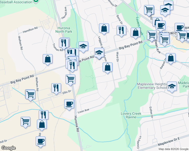 map of restaurants, bars, coffee shops, grocery stores, and more near 54 Widgeon Street in Barrie