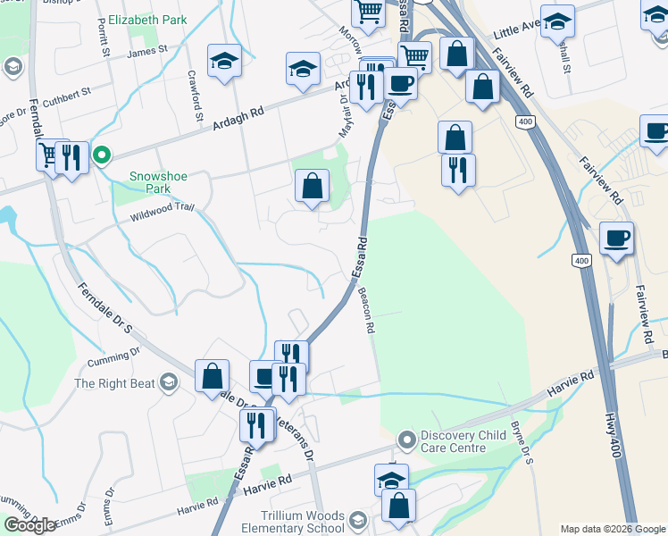 map of restaurants, bars, coffee shops, grocery stores, and more near 1102 Loggers Run in Barrie