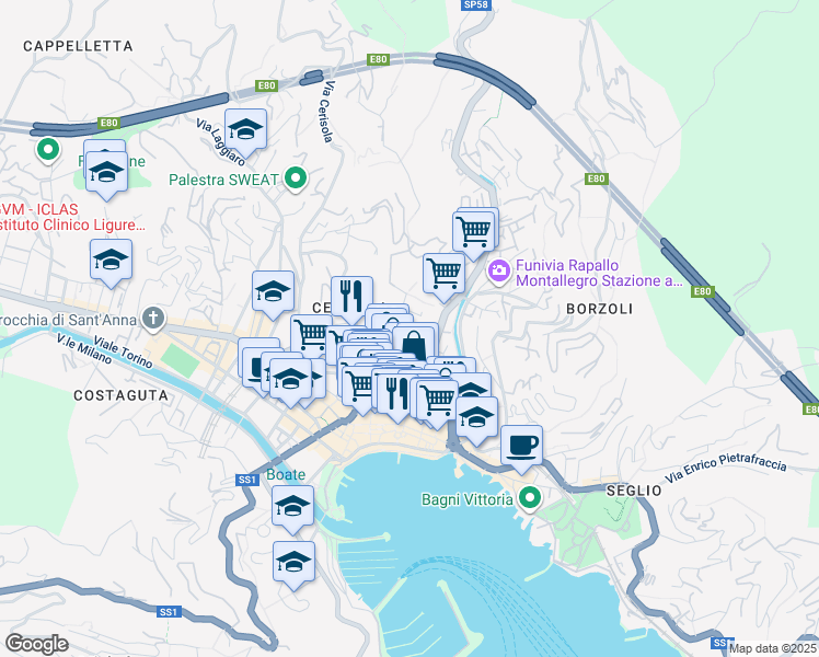 map of restaurants, bars, coffee shops, grocery stores, and more near 2B Via Sant'Antonio Gianelli in Rapallo