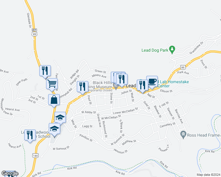 map of restaurants, bars, coffee shops, grocery stores, and more near 420 West Main Street in Lead