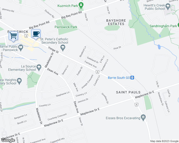 map of restaurants, bars, coffee shops, grocery stores, and more near 49 Joseph Crescent in Barrie