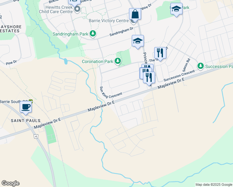 map of restaurants, bars, coffee shops, grocery stores, and more near 83 Sun King Crescent in Barrie