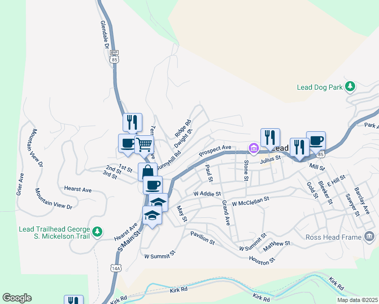 map of restaurants, bars, coffee shops, grocery stores, and more near 738 Railroad Avenue in Lead