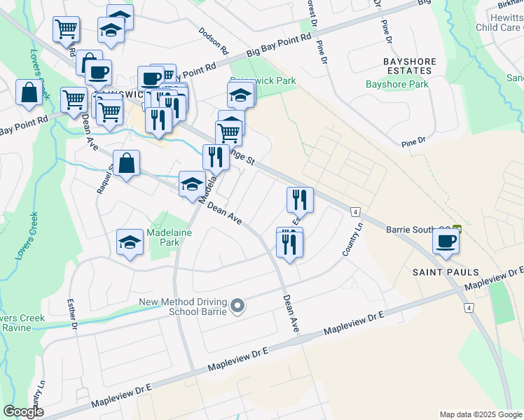 map of restaurants, bars, coffee shops, grocery stores, and more near 15 Serena Lane in Barrie