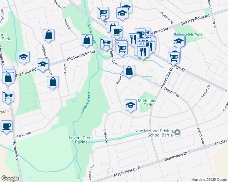 map of restaurants, bars, coffee shops, grocery stores, and more near 42 Raquel Street in Barrie
