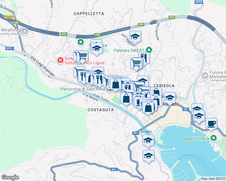 map of restaurants, bars, coffee shops, grocery stores, and more near 256 Corso Goffredo Mameli in Rapallo